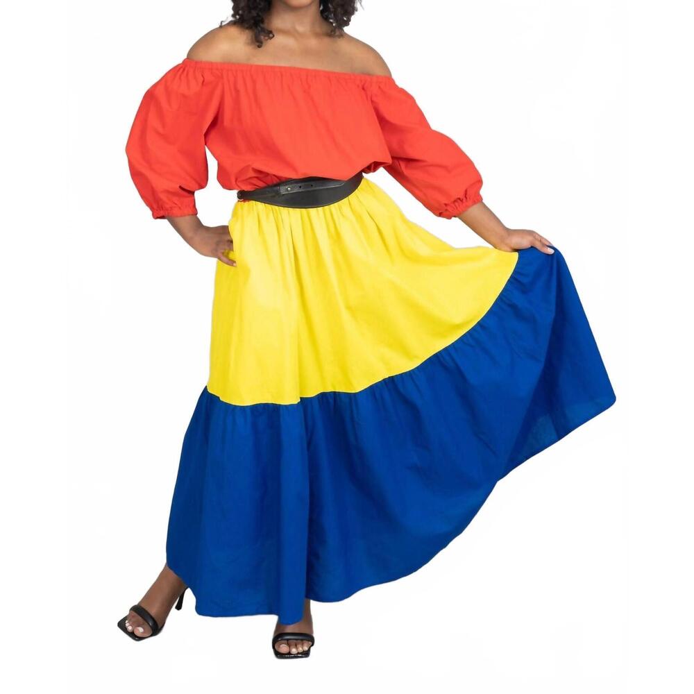 NEW KARA CHIC mumba african print off-shoulder maxi dress in red/yellow/royal